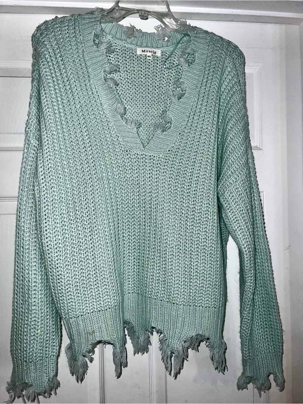 Miracle Mint Distressed V-Neck Knit Sweater